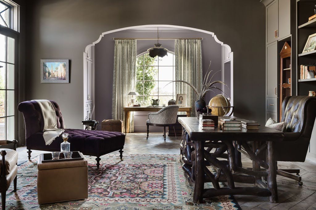 Interior design for custom homes featuring a furnished study with elegant architectural details